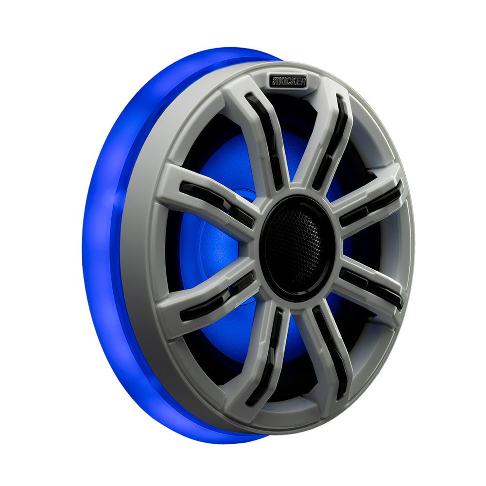 Kicker marine speaker with blue LED lighting, gray grille, and black accents for boat audio systems