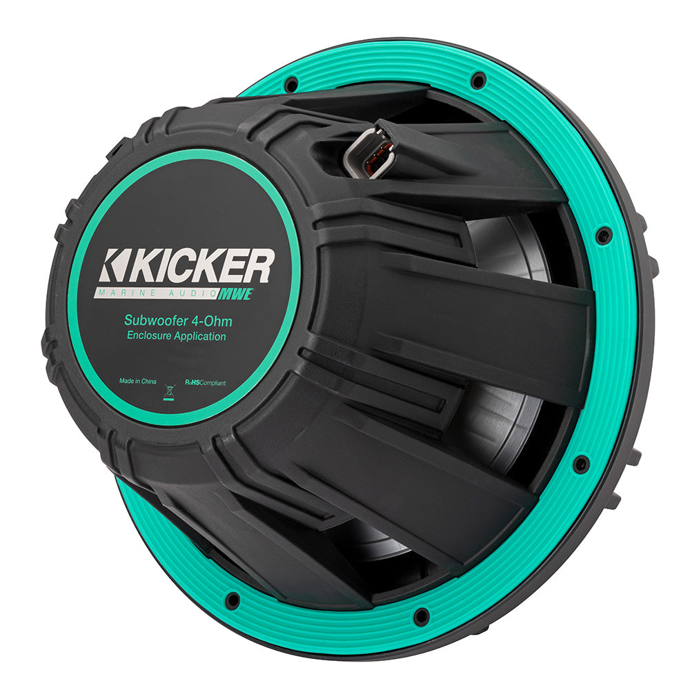 Kicker Marine Audio MWE 4-Ohm subwoofer for enclosure use, rugged black and teal design