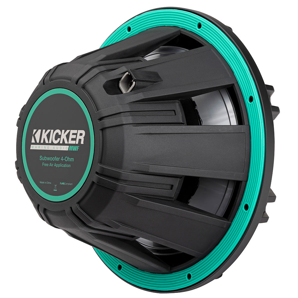 Kicker Marine Audio MWF 4-Ohm subwoofer for free air application, featuring teal accents and rugged black design.