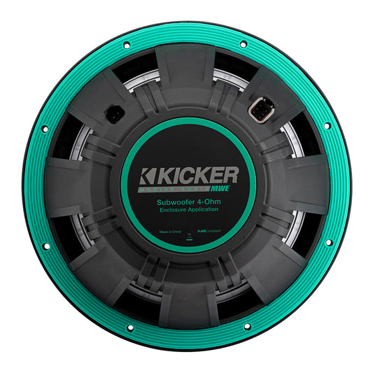 Kicker Marine Audio MWE 4-Ohm subwoofer for enclosure application, featuring teal accents and robust build