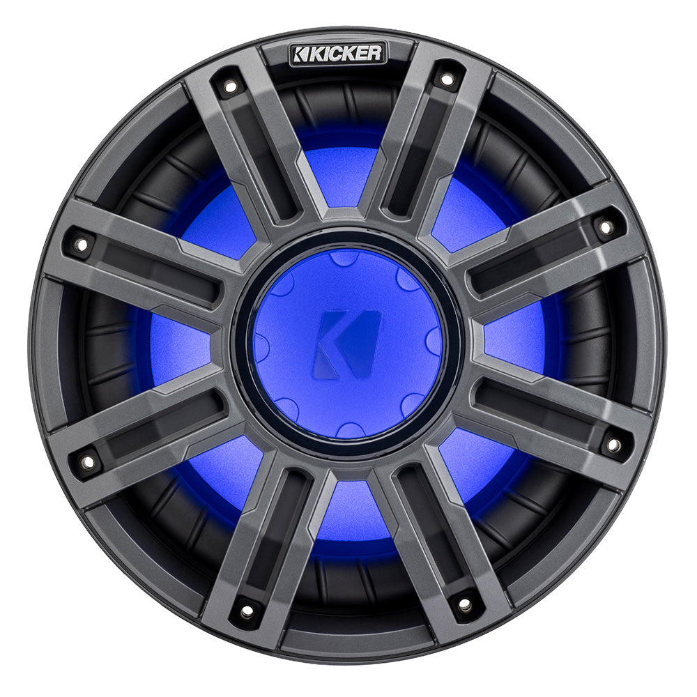 Kicker marine speaker with blue LED lighting, rugged gray grille, and waterproof design for boats
