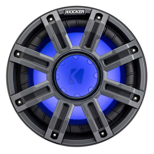 Kicker marine speaker with blue LED lighting, rugged gray grille, and waterproof design for boats