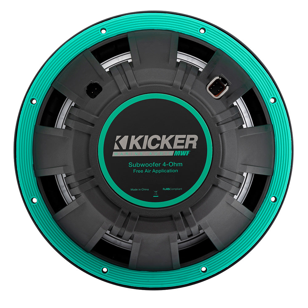 Kicker Marine Audio MWF 4-Ohm subwoofer for free air application, teal accent ring, robust design
