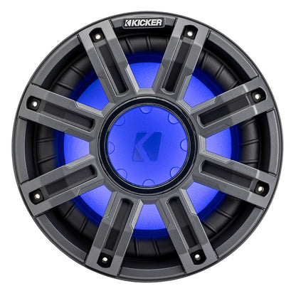 Kicker marine speaker with blue LED lighting, rugged gray grille, and waterproof design for boat audio systems
