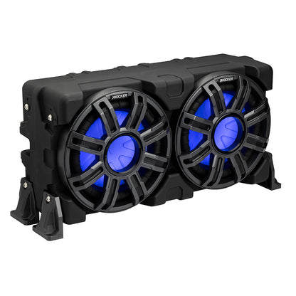 Kicker marine subwoofers with blue LED lighting, rugged black enclosure for boat audio systems