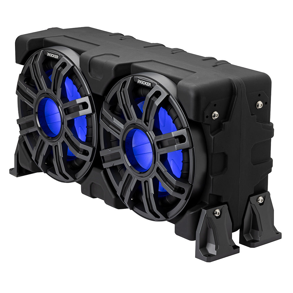 Kicker marine speakers with blue LED lighting, rugged black enclosure for boat audio systems