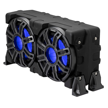 Kicker marine speakers with blue LED lighting, rugged black enclosure for boat audio systems