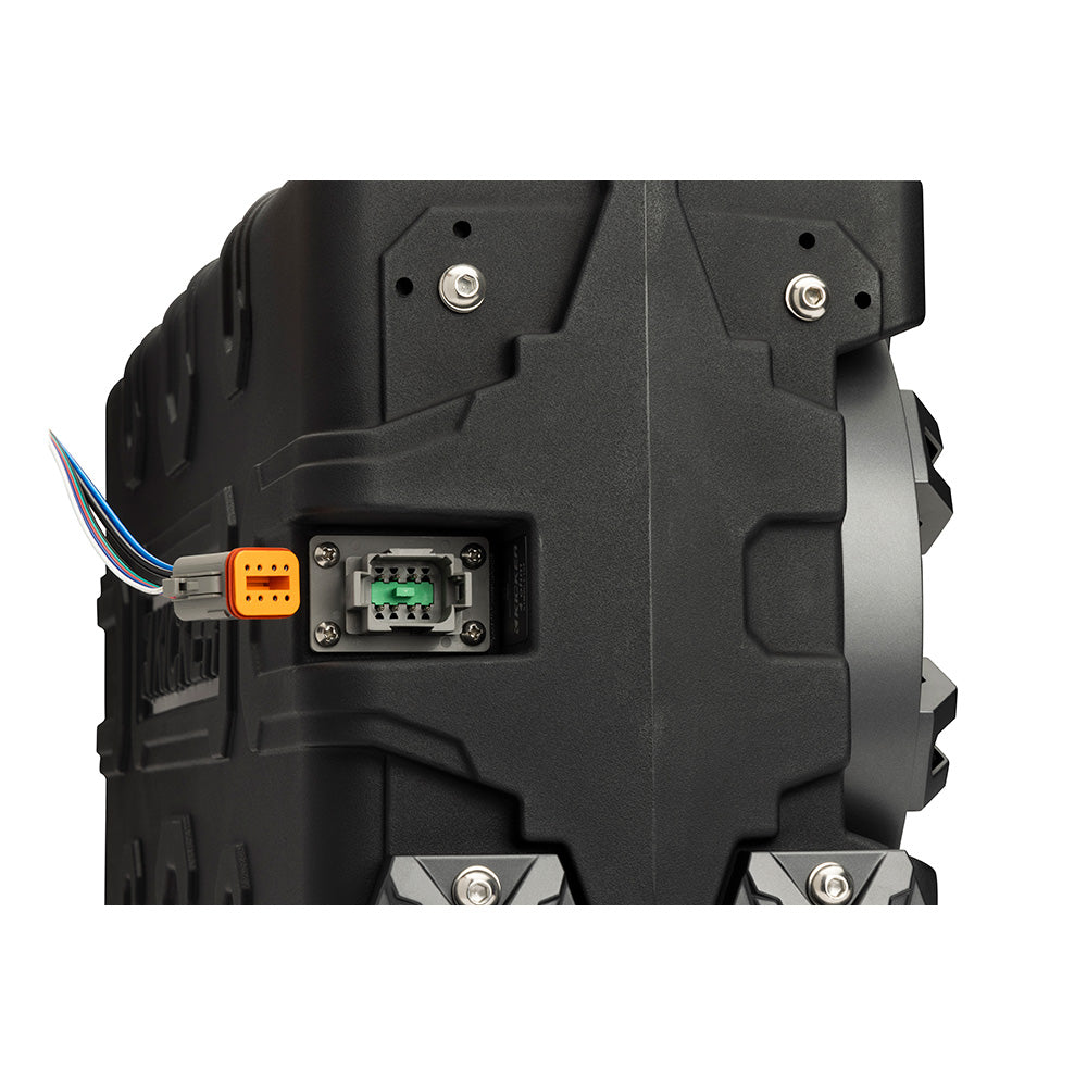 Black car audio amplifier with orange and green connectors, multi-wire harness for JL Audio or Alpine installation