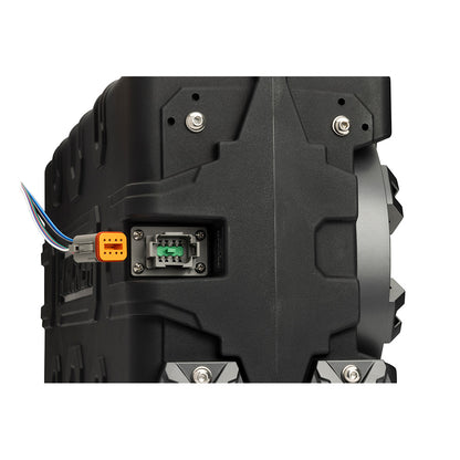 Black car audio amplifier with orange and green connectors, multi-wire harness for JL Audio or Alpine installation