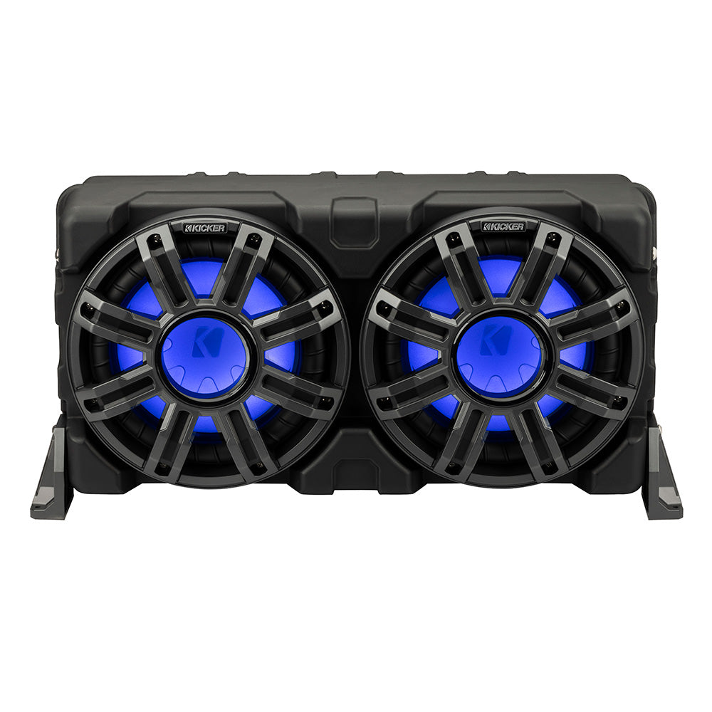 Kicker marine subwoofers with blue LED lighting, rugged black enclosure for boat audio systems
