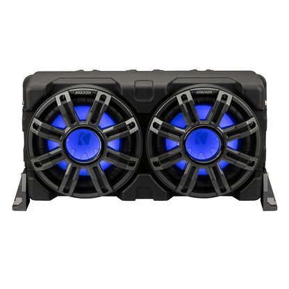 Kicker marine subwoofers with blue LED lighting, rugged black enclosure for boat audio systems