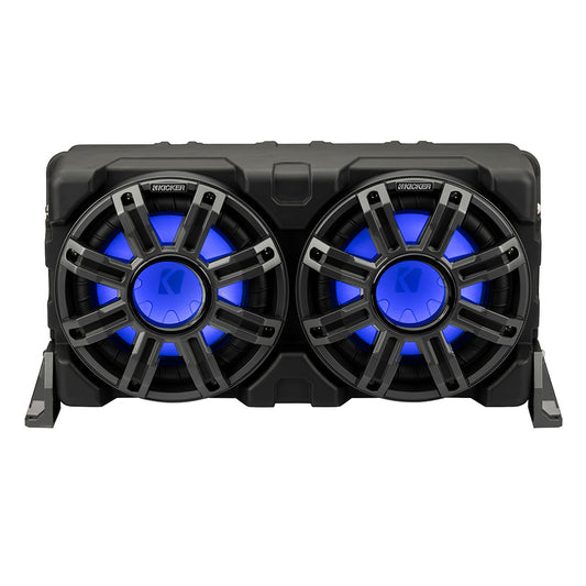 Kicker marine subwoofers with blue LED lighting, rugged black enclosure for boat audio systems