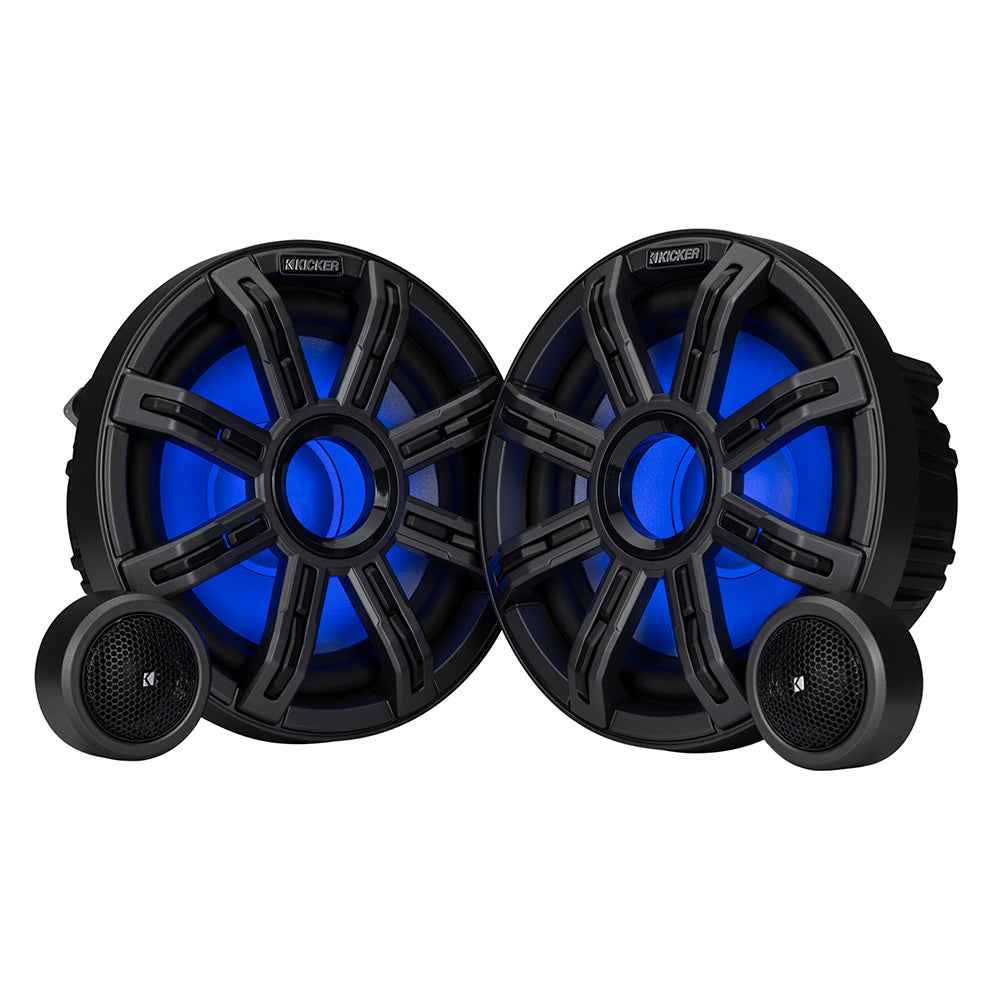 Kicker marine speakers with blue LED lighting, ideal for boat audio systems