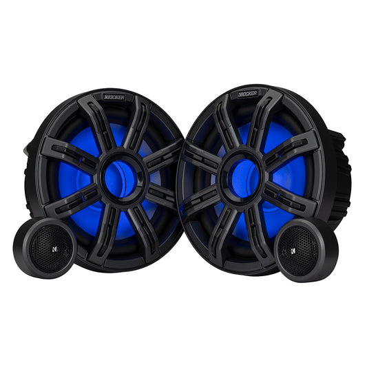 Kicker marine speakers with blue LED lighting, ideal for boat audio systems