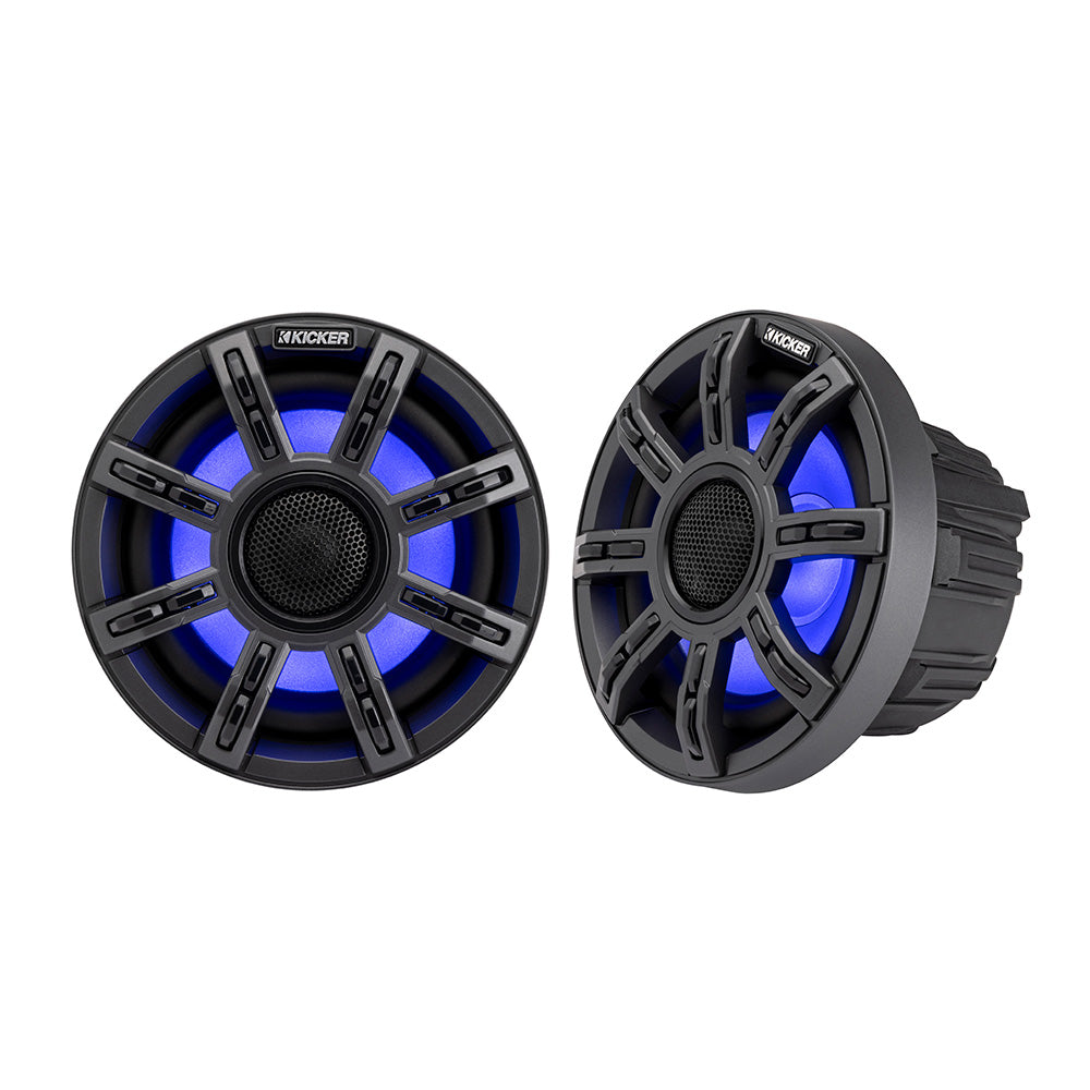 Kicker marine speakers with blue LED lighting, rugged black design for boat audio systems