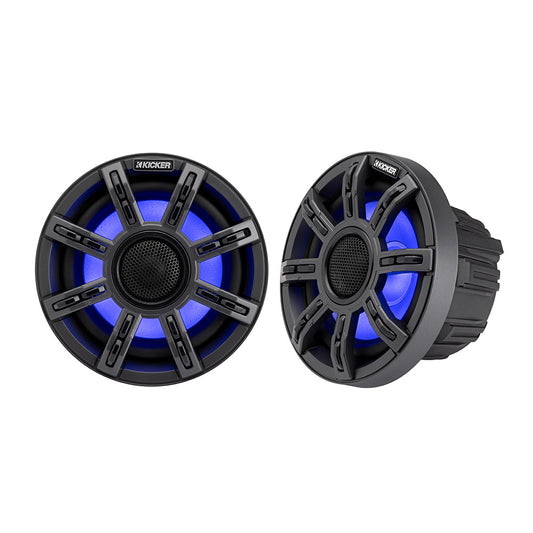 Kicker marine speakers with blue LED lighting, rugged black design for boat audio systems