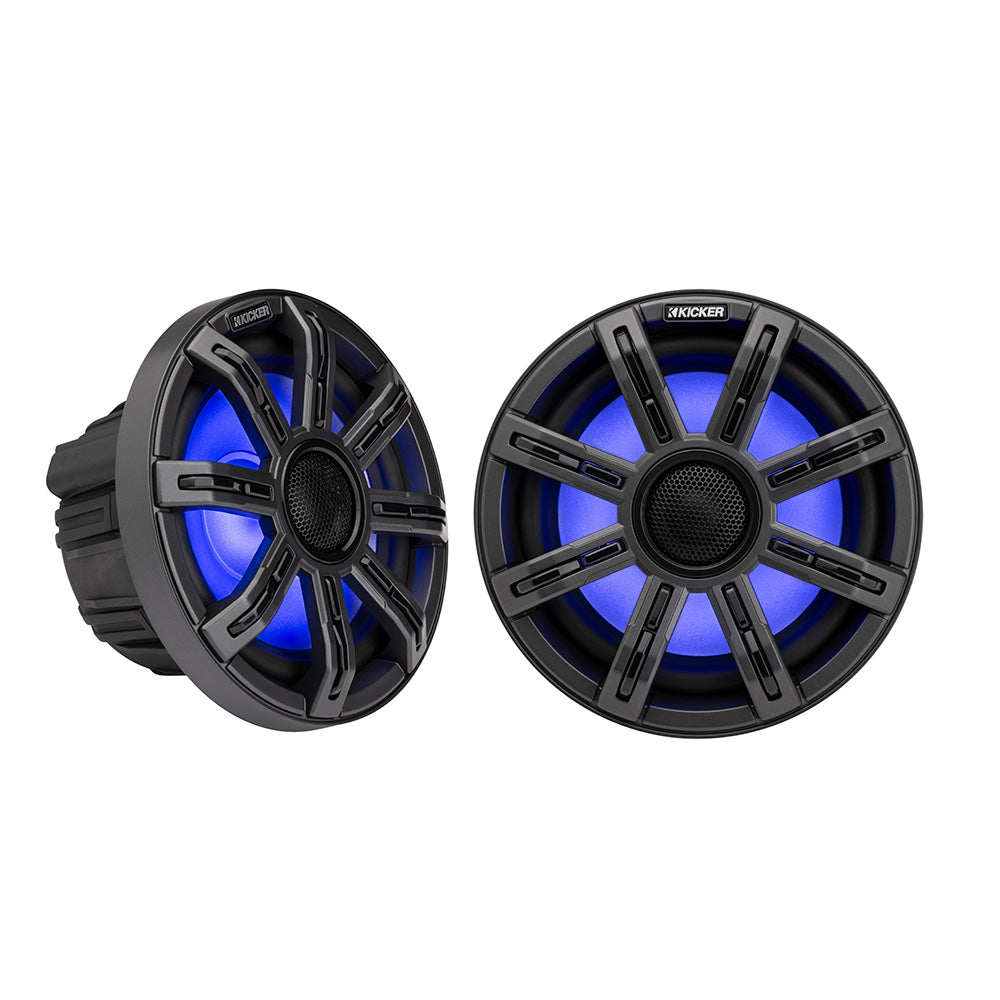 Kicker marine speakers with blue LED lighting, ideal for boat audio systems and outdoor use.
