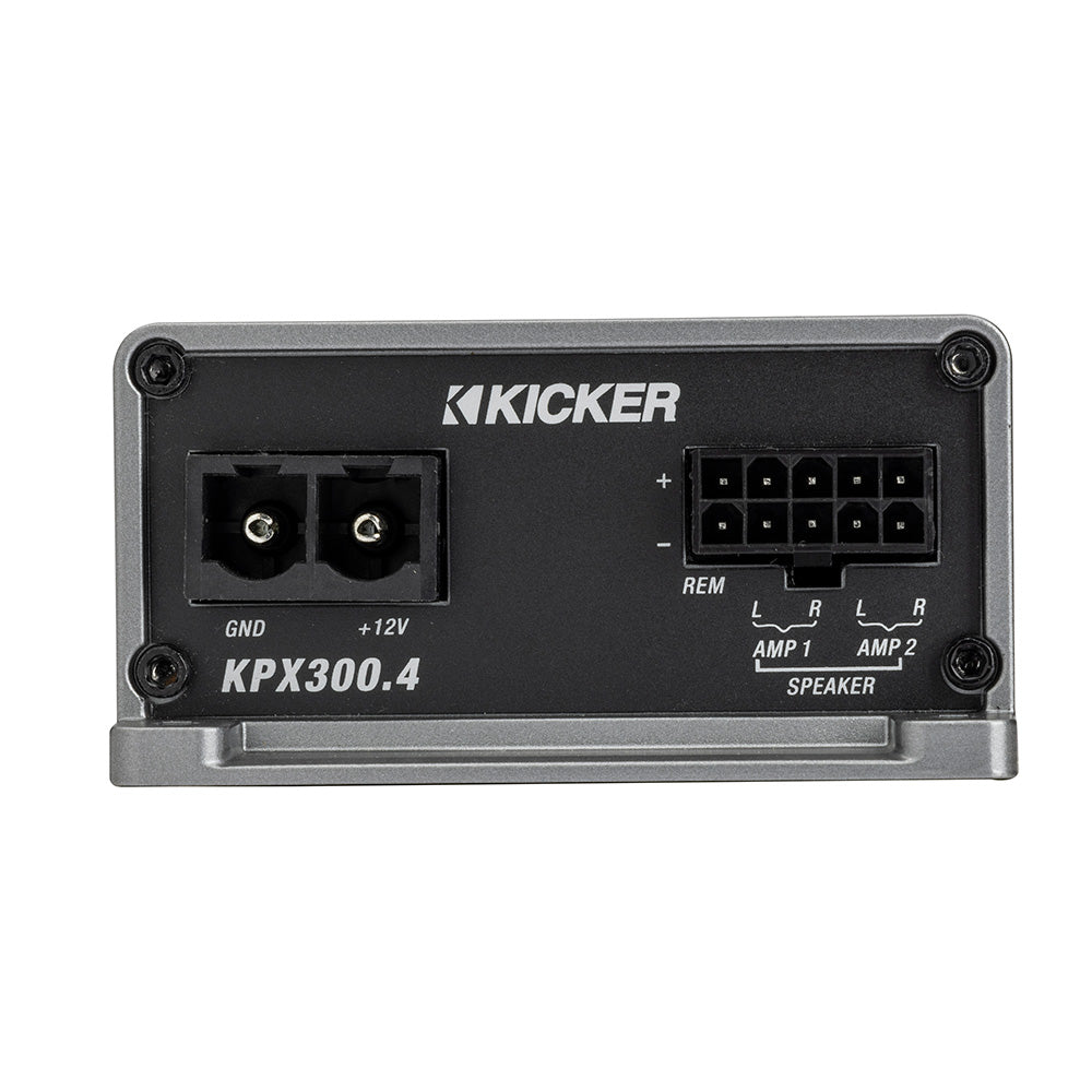 Kicker KPX300.4 4-channel amplifier with speaker and power terminals for car audio installation