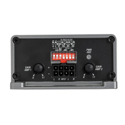 Car audio amplifier with gain controls, hi-pass filter switches, and input terminals for AMP1 and AMP2