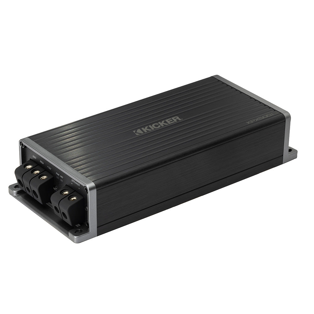 Kicker KPXS500.1 car amplifier with sleek black design and terminal connections for audio installation