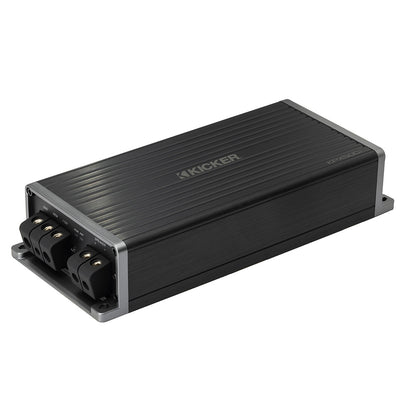 Kicker KPXS500.1 car amplifier with sleek black design and terminal connections for audio installation