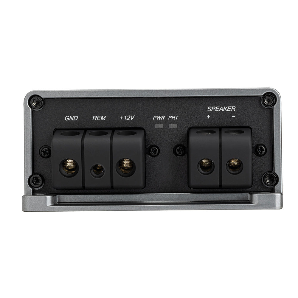 Car audio amplifier rear panel with GND, REM, +12V, PWR PRT, and SPEAKER terminals for high-quality installation