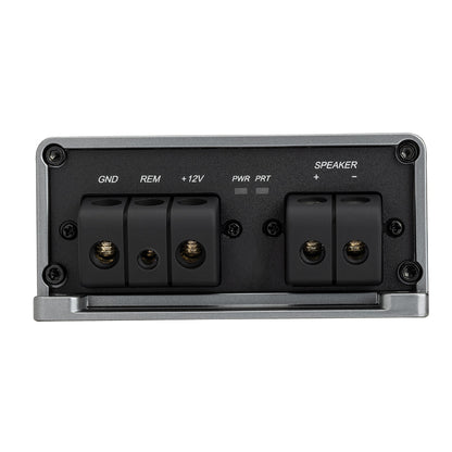 Car audio amplifier rear panel with GND, REM, +12V, PWR PRT, and SPEAKER terminals for high-quality installation
