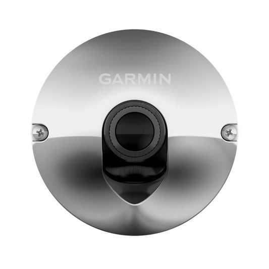 Garmin marine sensor with sleek silver housing and black lens, designed for boat navigation systems.