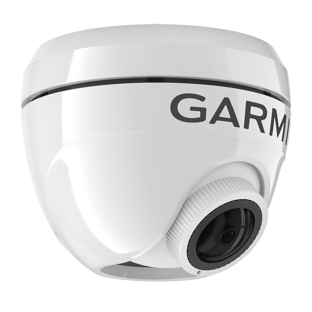 White Garmin dome security camera with adjustable lens for home or business surveillance