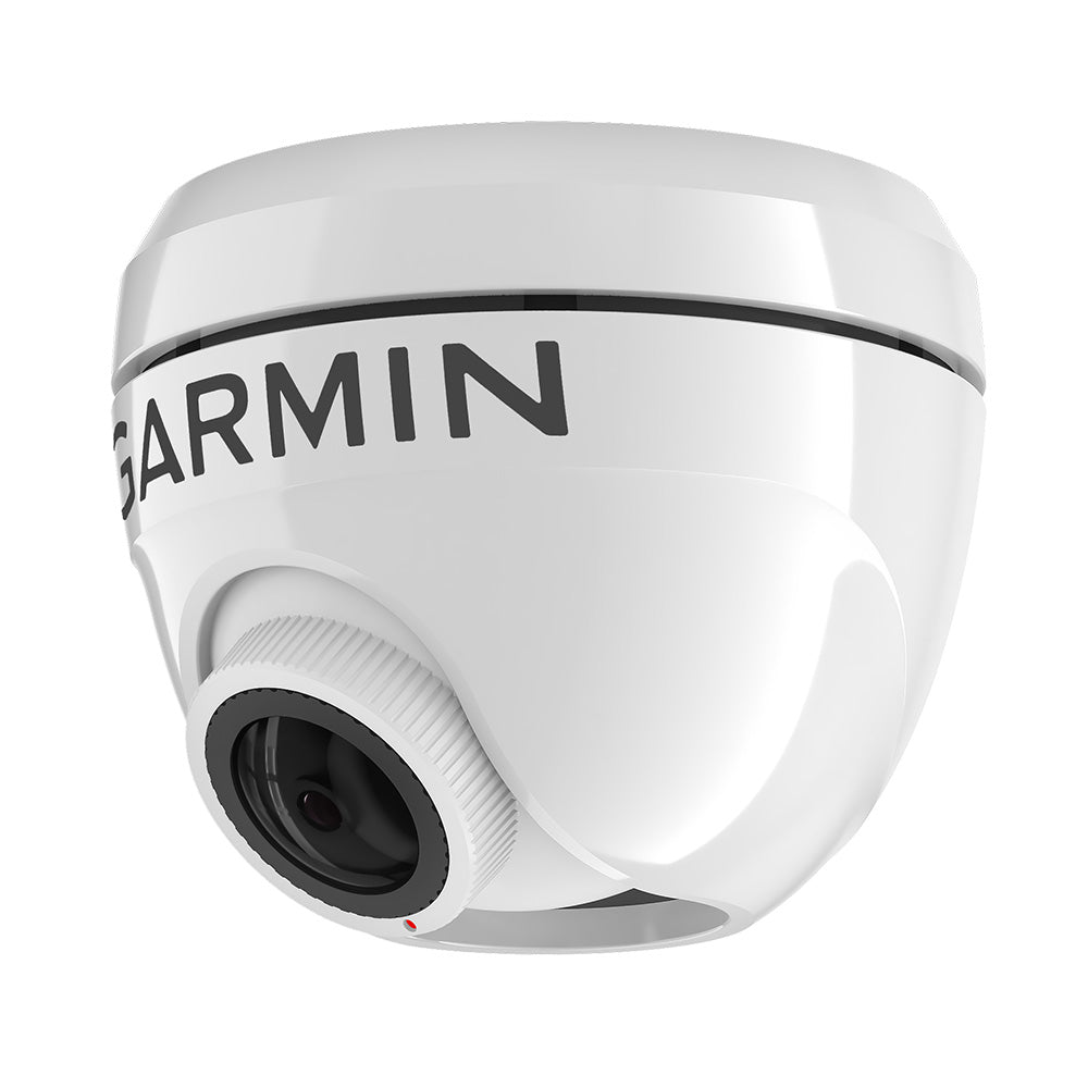 Garmin dome security camera with sleek white design and adjustable lens