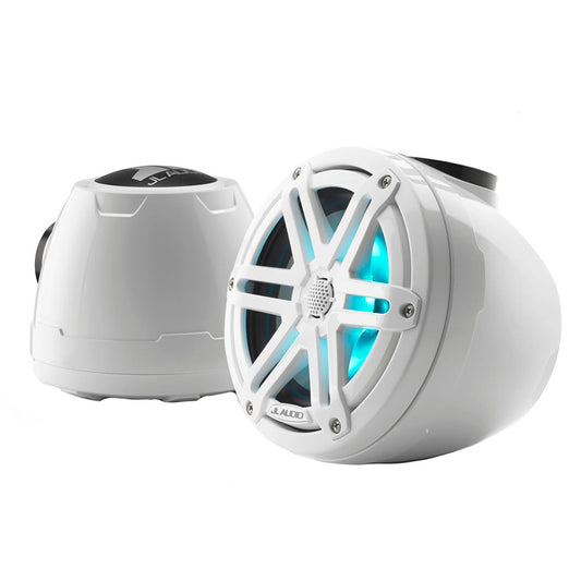 White JL Audio marine speakers with blue LED lighting, rugged design for boat audio systems
