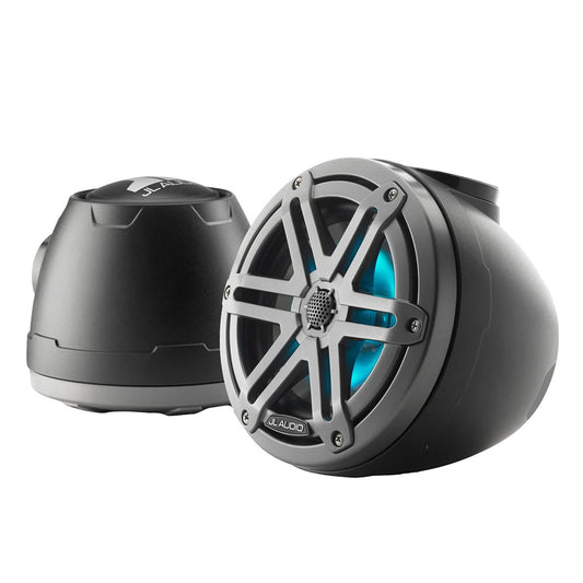 JL Audio marine speakers with blue LED lighting, rugged black design for boat audio systems