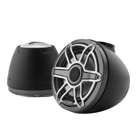 JL Audio marine speakers with rugged black housing and silver grille for boat audio systems