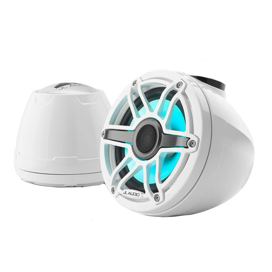 White JL Audio marine speakers with blue LED lighting, designed for boat audio systems