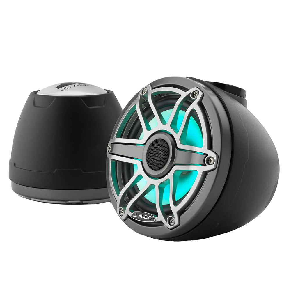 JL Audio marine speakers with teal LED lighting, rugged black housing for boat audio systems