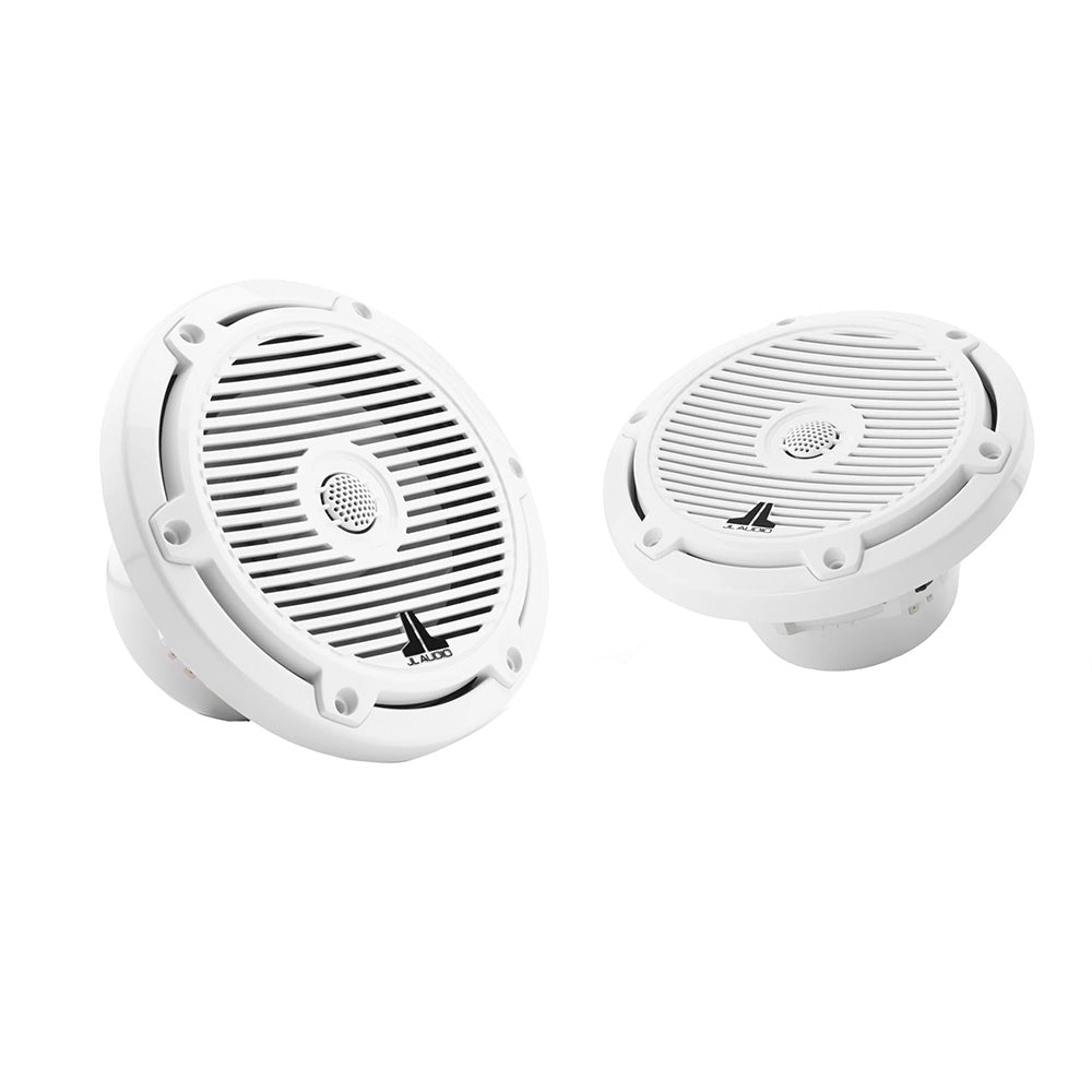 White JL Audio marine speakers with grille, ideal for boat audio systems and outdoor installations