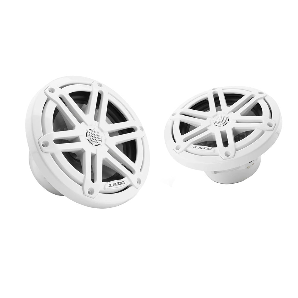 White JL Audio marine speakers with protective grilles for boat audio systems