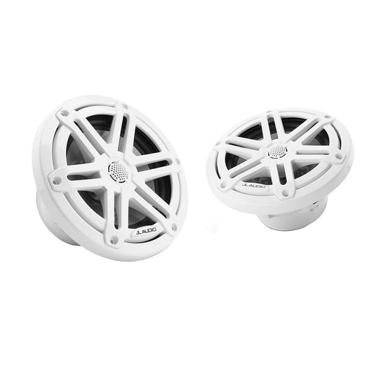 White JL Audio marine speakers with protective grilles for boat audio systems