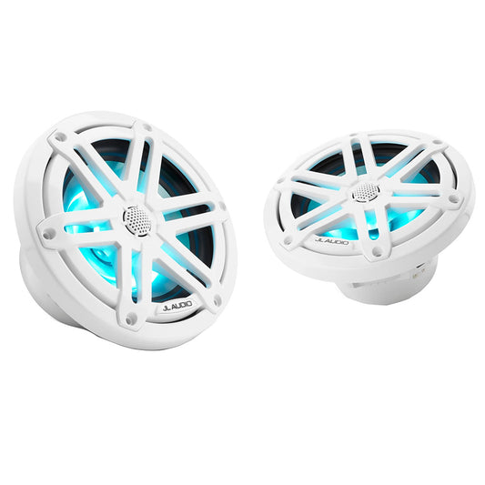 White JL Audio marine speakers with blue LED lighting, ideal for boat audio systems