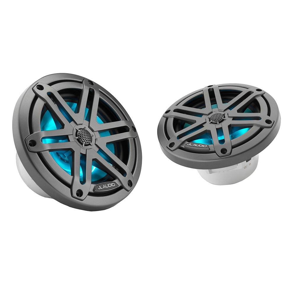 JL Audio marine speakers with blue LED lighting, rugged gray grilles for boat audio systems