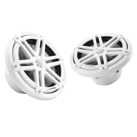 White JL Audio marine speakers with rugged grille design for boat audio systems