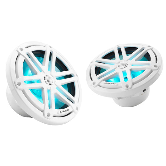 White JL Audio marine speakers with blue LED lighting, ideal for boat audio systems