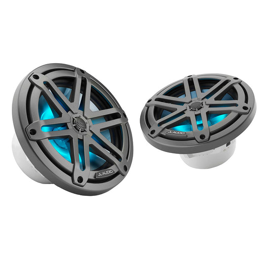 JL Audio marine speakers with blue LED lighting, rugged gray grilles for boat audio systems