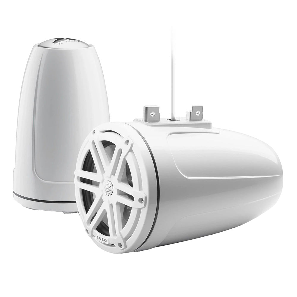 White JL Audio marine speakers with protective grilles and mounting hardware for boat audio systems