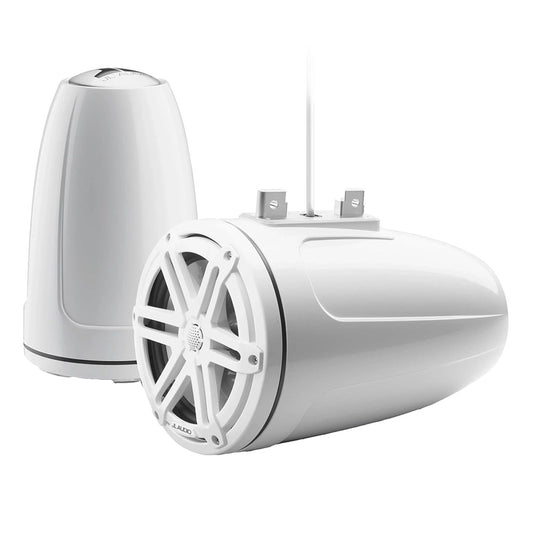 White JL Audio marine speakers with protective grilles and mounting hardware for boat audio systems