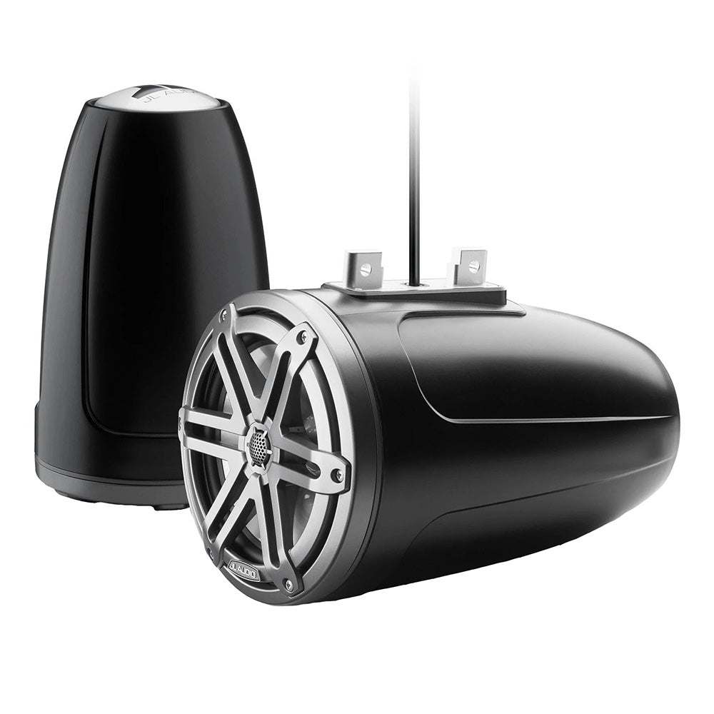 JL Audio marine speakers with black housing and silver grille, designed for boat audio systems
