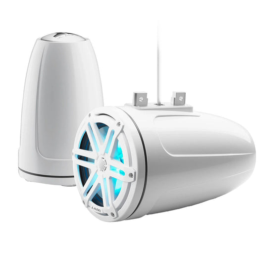 White JL Audio marine speakers with blue LED lighting, ideal for boat audio systems