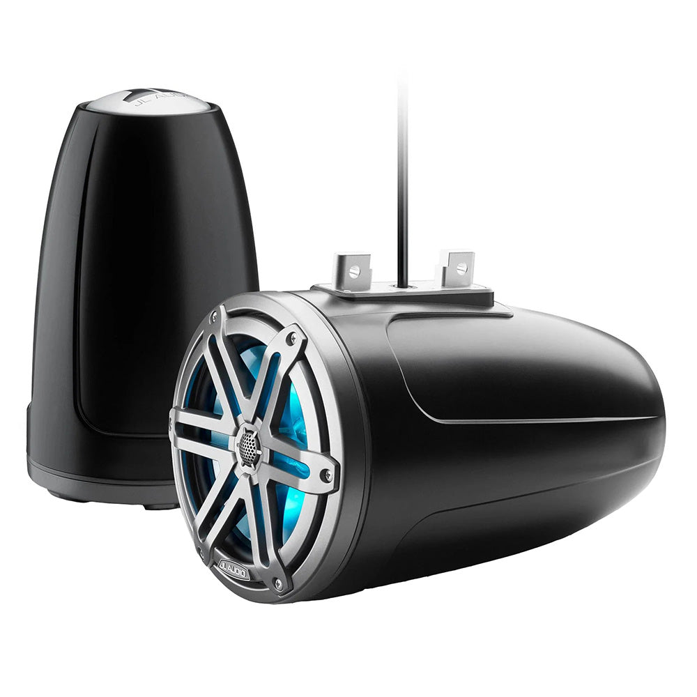 JL Audio marine speakers with blue LED lighting, black housing, and silver grille for boat audio systems