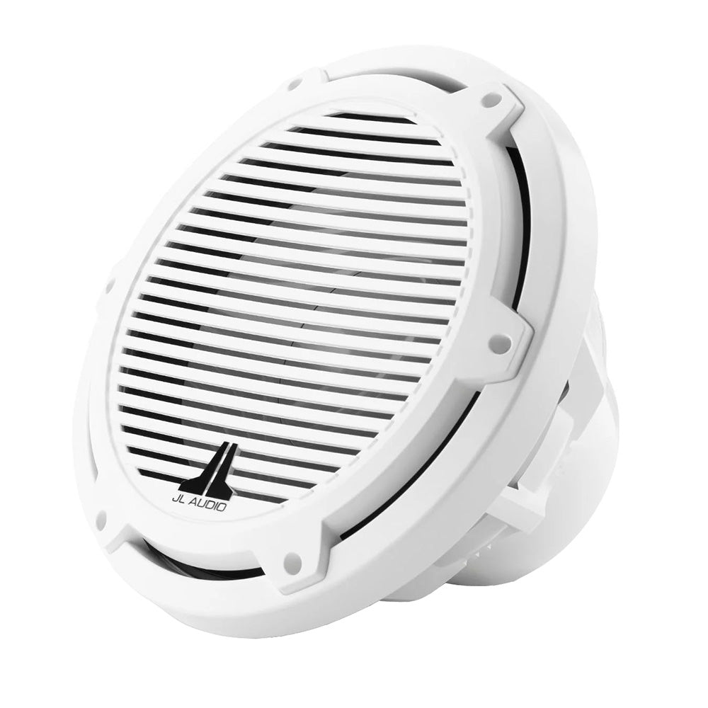 White JL Audio marine speaker with grille, ideal for boat audio systems and outdoor installations