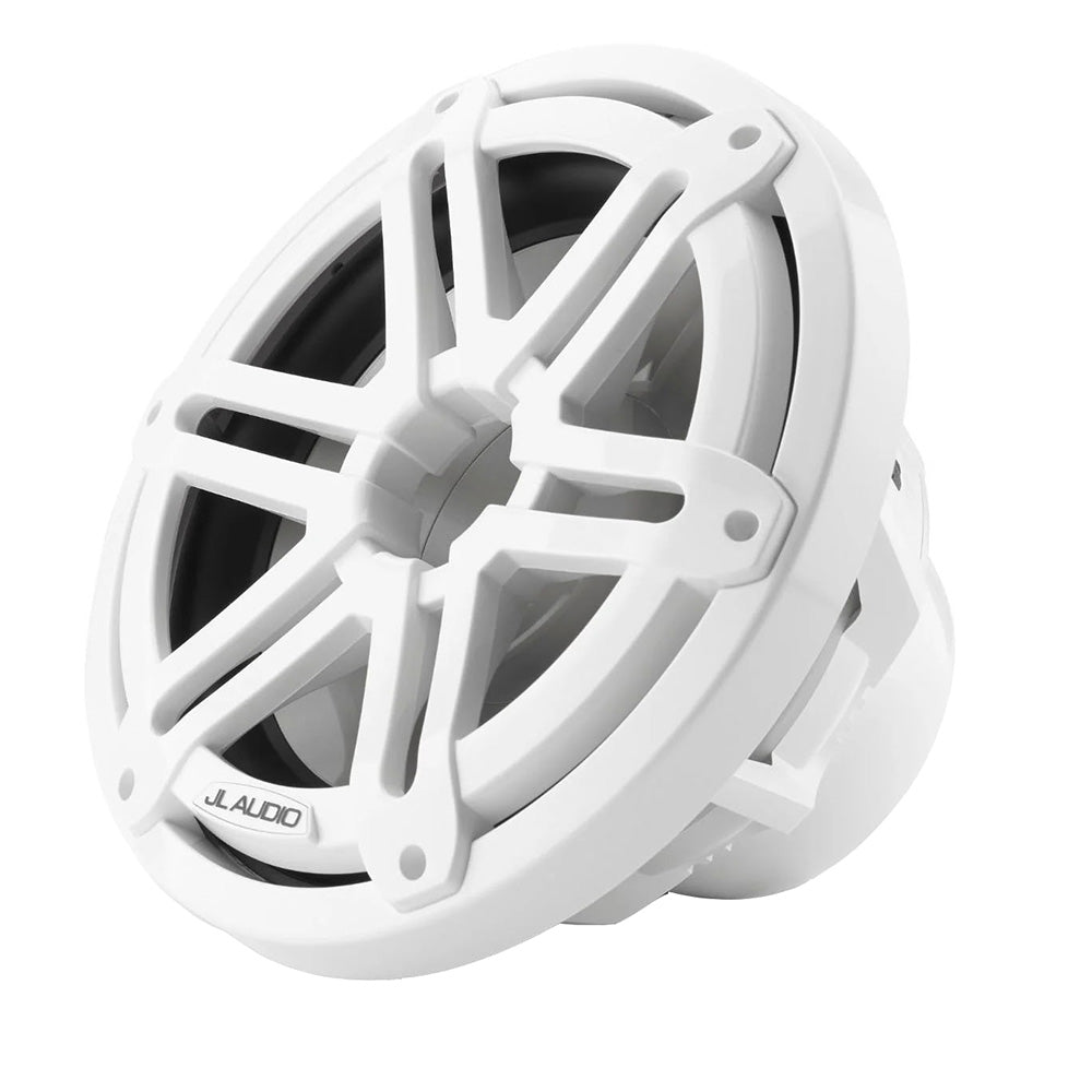 White JL Audio marine speaker with protective grille for boat audio systems